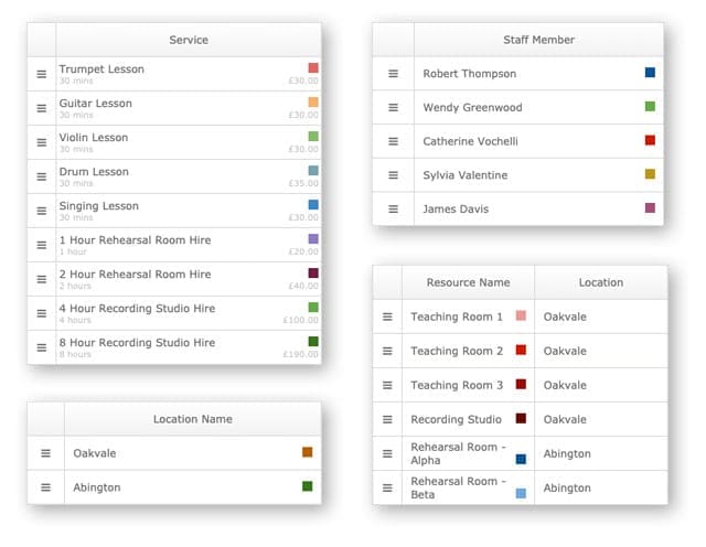 Add colour to Service, Staff, Resources and Location to make managing your online bookings easy