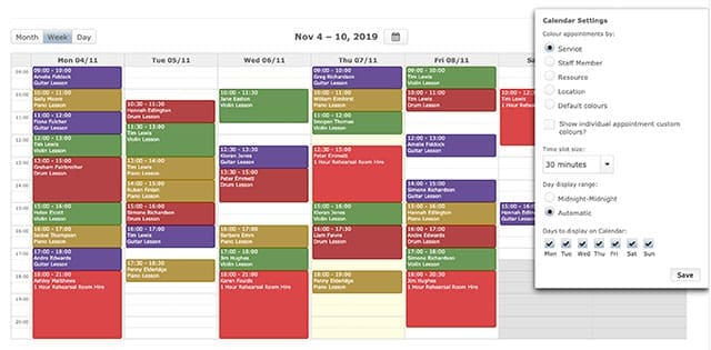 Jezzam's calendar in glorious technicolour helps you use colour to manage your online bookings